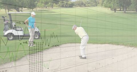 Senior golfer swinging in sand bunker with a chart overlay