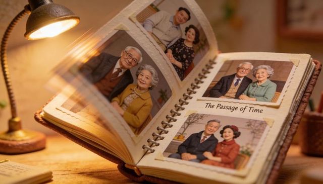 Spiral memory album featuring four generational portraits under warm lamp light
