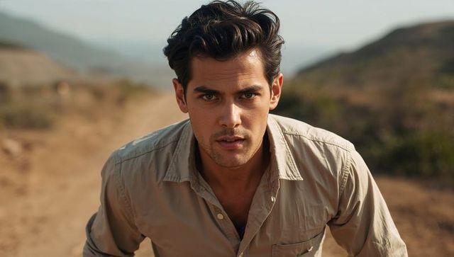 Young man leaning forward, staring toward viewer on dusty road through sunlit arid hills