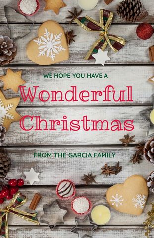Festive christmas card with holiday cookies and decorations