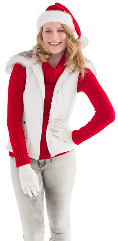 Smiling Woman in Santa Hat with Winter Vest in a Transparent Background