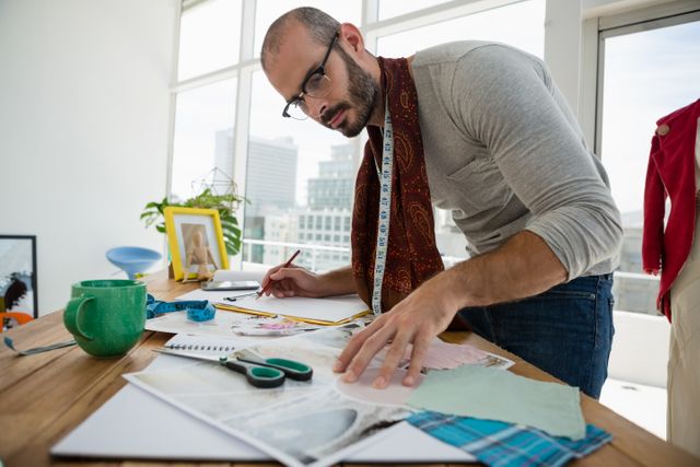 Male designer sketching in a modern workshop, surrounded by fabric samples, measuring tape, and drawing tools. Ideal for use in articles or advertisements related to fashion design, creative professions, artistic workspaces, and professional development.
