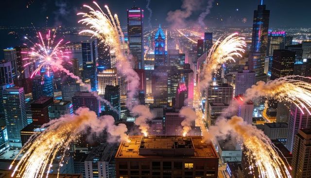 Golden fireworks launching over neon downtown skyline night aerial celebration