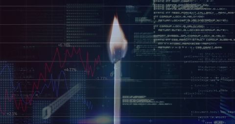 Financial data processing with lit match symbolizing market volatility