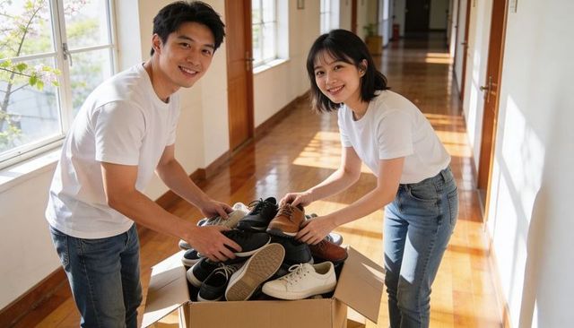 Young couple sorting donated shoes from cardboard box in sunlit hallway for charity