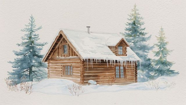 Watercolor rustic log cabin nestling in snow with icicles, dormer window and evergreens