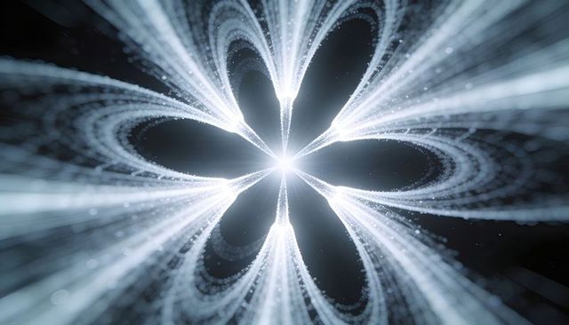 Radiating luminous core emitting looping light trails with petal void geometry