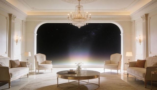 Opulent living room revealing starry night horizon through arched window luxury interior
