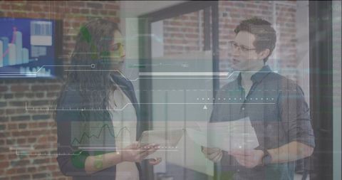 Coworkers Analyzing Digital Data on Transparent Screen Overlay