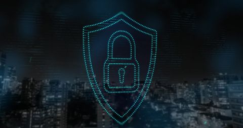 Cybersecurity lock icon over futuristic cityscape background