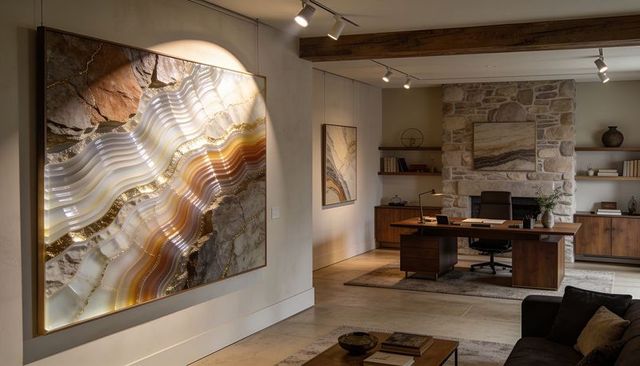 Contemporary office with illuminated agate wall art, rustic stone fireplace, walnut desk