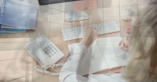 Image of caucasian businesswoman using computer over people walking. Global business, technology and digital interface concept digitally generated image.