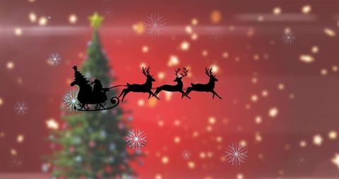 Santa silhouette gliding sleigh pulled by reindeer over bokeh christmas tree background