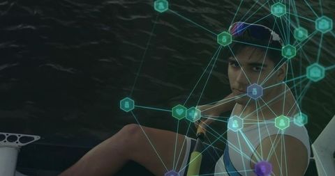 Rowing athlete holding oar with ar network overlay on water for sports technology concept