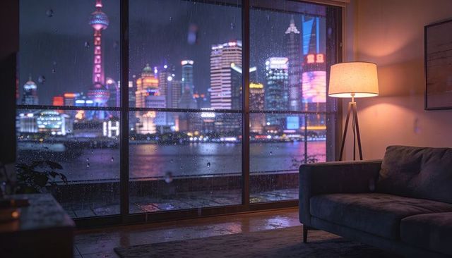 Rain-soaked city skyline showing through floor-to-ceiling window beside cozy sofa and lamp