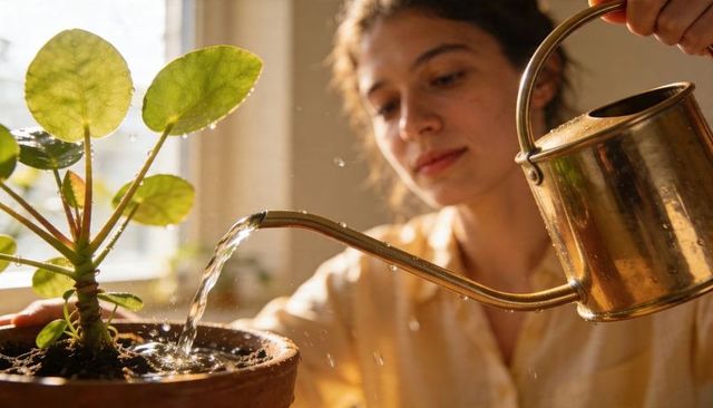 Young woman watering pilea with brass long-spout can on sunlit windowsill