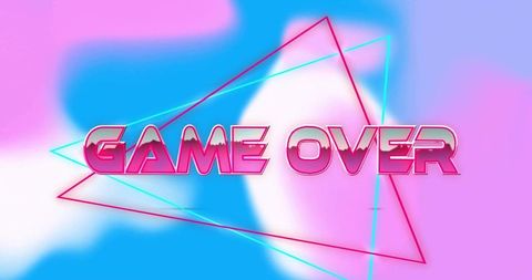 Game over neon synthwave typography displaying metallic pink 80s retro triangles and glow
