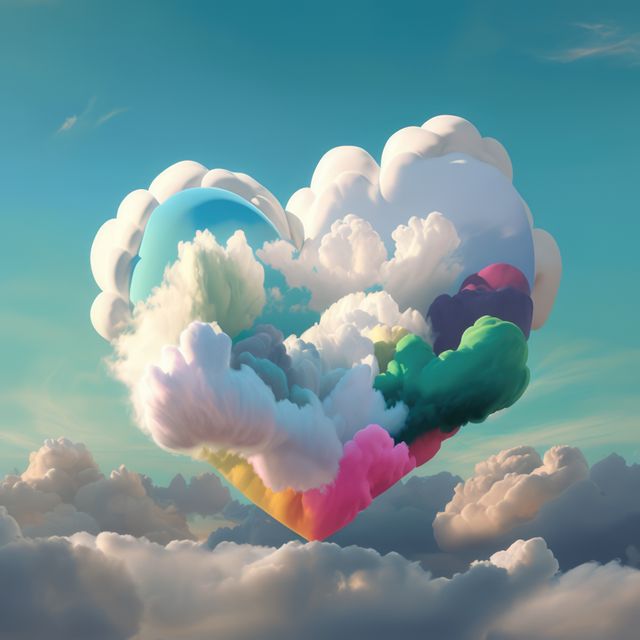 Heart shaped rainbow clouds in blue sky, created using generative ai technology. Heart, cloud, nature and love concept digitally generated image.