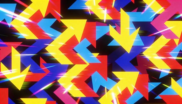 Neon arrows creating dynamic motion with chromatic light streaks and synthwave glow