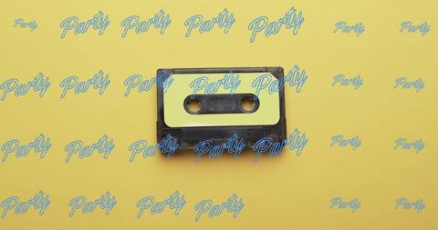 Retro Cassette with Party Text Overlay on Yellow Background