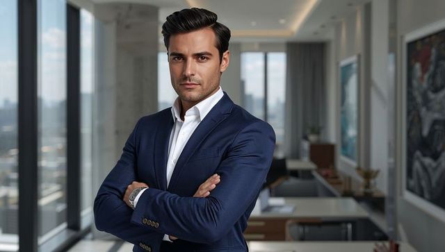 Confident business executive in navy suit standing with arms crossed in modern office