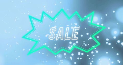 Neon green starburst sale badge on soft blue bokeh background for holiday promotion