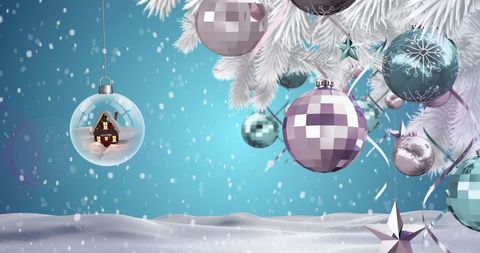 Christmas Tree with Festive Ornaments Snowy Winter Scene