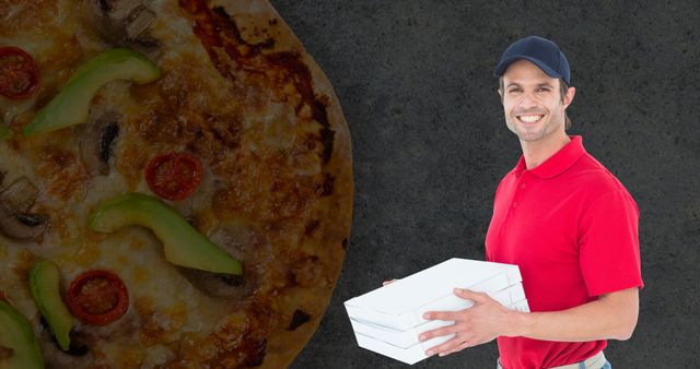 Digital composite portrait of smiling caucasian pizza deliveryman with boxes, copy space. National pizza day, celebration, explore pizza and its different flavors, fast food, perfect food.