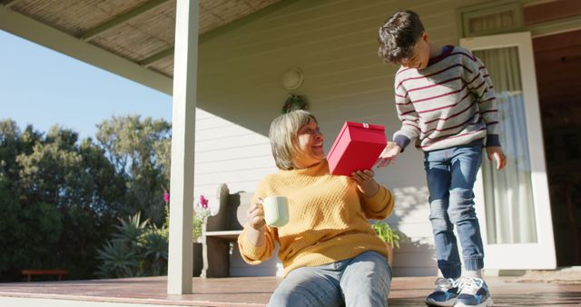 Grandmother sitting on porch while young grandson presents red gift, both smiling and joyful. Greenery in background. Useful for content about family moments, generational bonding, gift-giving occasions, and outdoor relaxation.