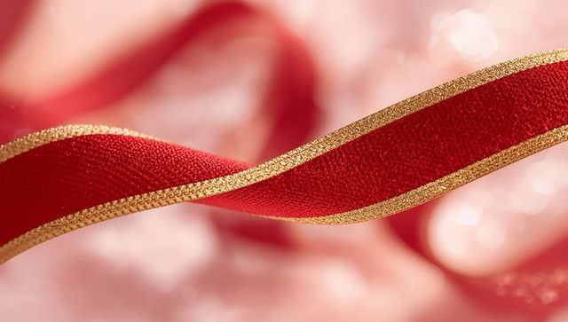 Curving Red Ribbon with Gilded Gold Edge and Woven Texture for Festive Holiday Gift Wrap