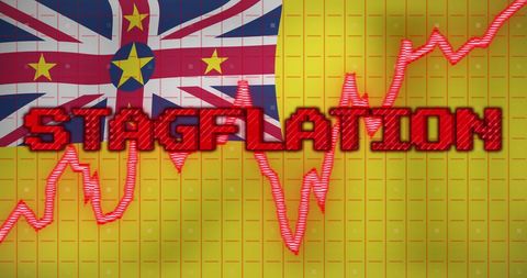 Stagflation over niue flag with economic chart concept