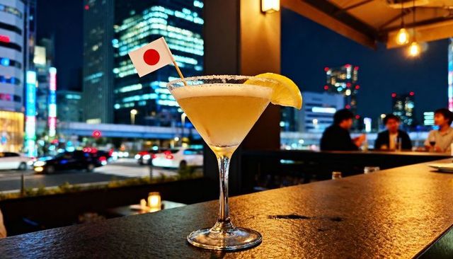 Tokyo rooftop martini presenting lemon wedge and japanese flag with city nightlife