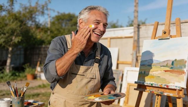 Senior painter applying yellow paint to cheek while holding palette at outdoor easel