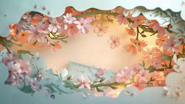 Pastel paper-cut floral frame with cherry blossoms and cozy house cutout