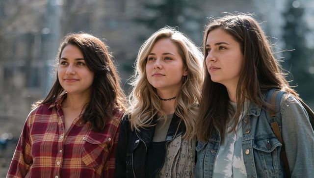 Three students standing together on campus looking confident and hopeful