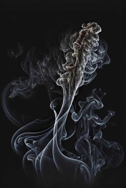 This artistic depiction of gracefully curling smoke set against a dark background highlights its ethereal and mysterious nature. Perfect for use in creative projects, design inspiration, meditation visuals, or any setting where abstract beauty and serenity are desired.