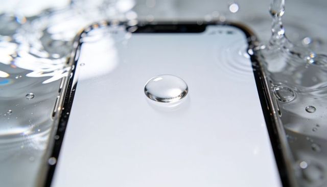 Minimal smartphone showing central water droplet on blank white screen close-up