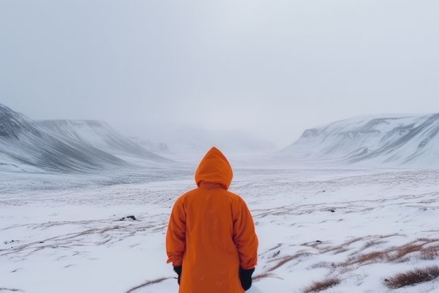 Man walking in frozen arctic tundra landscape, created using generative ai technology. Scenery, winter and beauty in nature concept digitally generated image.