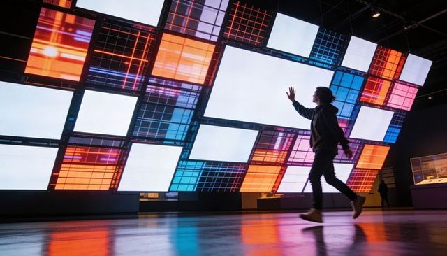 Striding silhouette reaching interactive LED wall in digital gallery with colorful grid