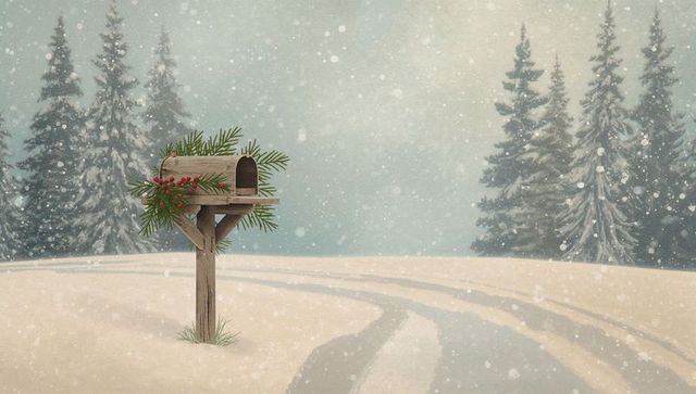 Rustic wooden mailbox standing on snowy roadside decorated with pine sprigs and red berries
