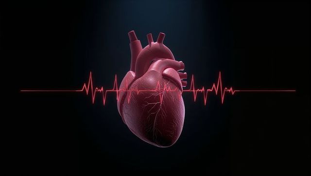 Floating anatomical heart pulsing with glowing red ecg waveform against dark backdrop