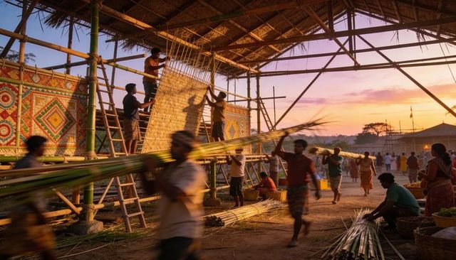 Hoisting woven mats, carrying bamboo poles during sunset pavilion assembly
