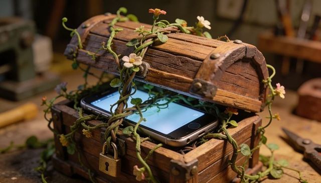 Glowing smartphone resting inside treasure chest with flowering vines twining padlock