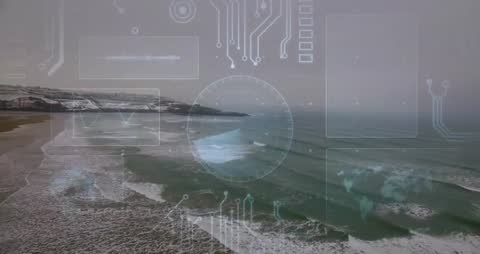 Futuristic Digital Overlay On Coastal Seascape