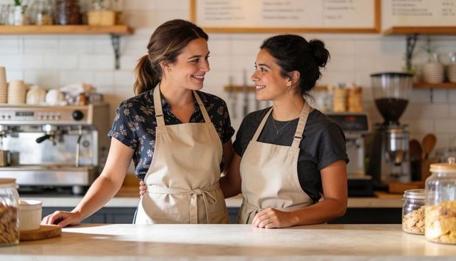 Smiling female baristas wearing beige aprons chatting behind rustic cafe counter