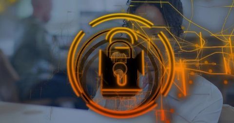 Holographic Padlock Securing Data with Circular HUD Overlay in Orange Cybersecurity UI