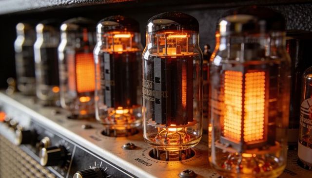 Close-up glowing vacuum tubes on vintage tube amplifier casting warm metal reflections