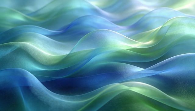 Translucent silk waves flowing in blue green gradient with glassy fabric texture