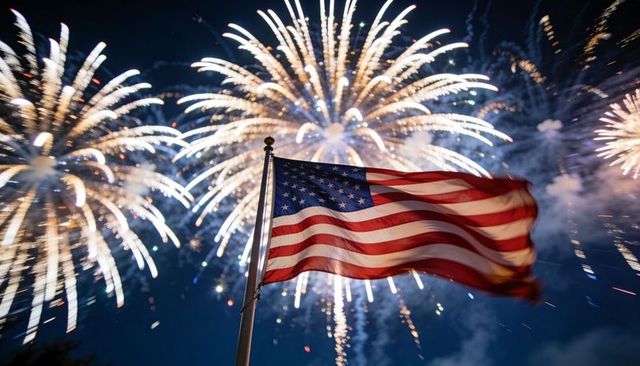 American flag waving amid spectacular fireworks at night patriotic celebration