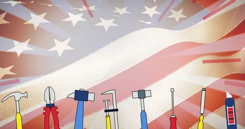 Celebrating Labor Day with American Flag and Assorted Tools